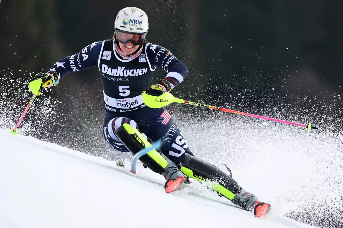 United States' Paula Moltzan competes in an alpine ski, women's slalom race, at the Lillehammer World Cup Finals, in Hafjell, Norway, Tuesday, March 24, 2026. (AP Photo/Marco Trovati)