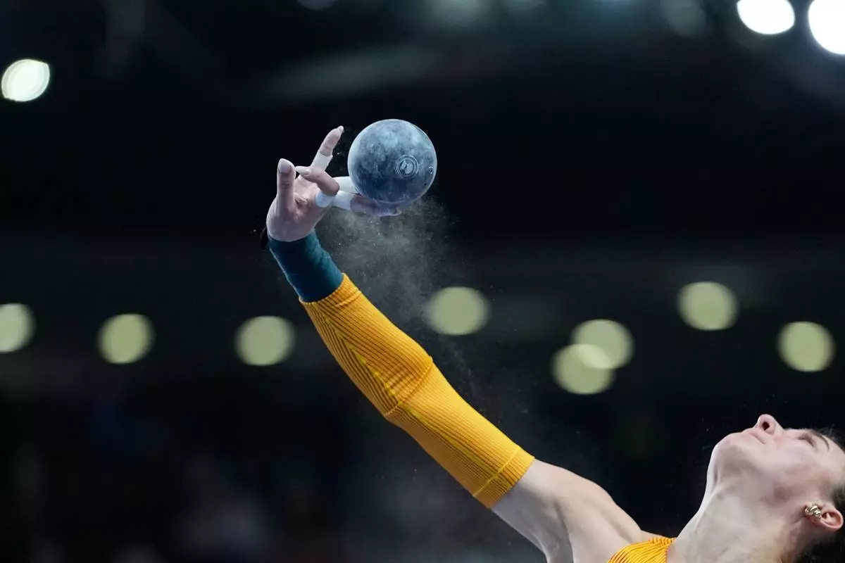 Sandrina Sprengel, of Germany, makes an attempt in the pentathlon shot put at the World Athletics Indoor Championships in Torun, Poland, Sunday, March 22, 2026. (AP Photo/Matthias Schrader)