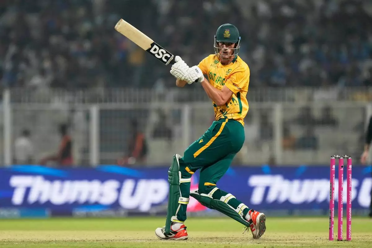 South Africa's Marco Jansen plays a shot during the first T20 World Cup cricket semifinal match between New Zealand and South Africa in Kolkata, India, Wednesday, March 4, 2026. (AP Photo/Bikas Das)