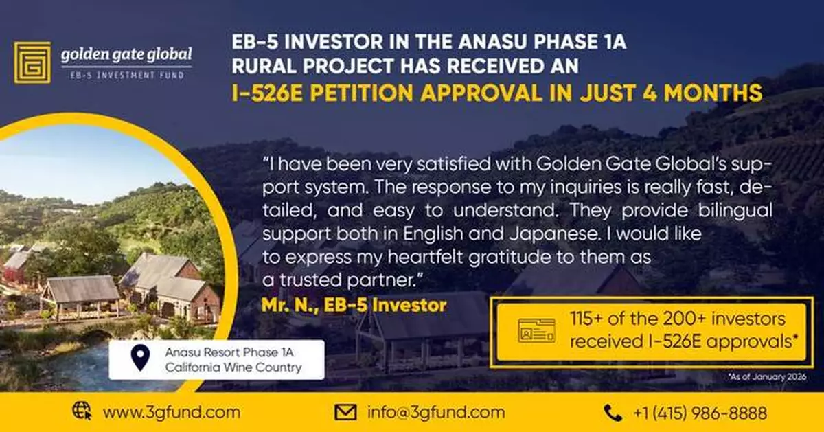 Golden Gate Global Announces Milestone 100+ I-526E Approvals for Anasu Phase 1A; Launches Phase 2 of California Wine Country EB-5 Project