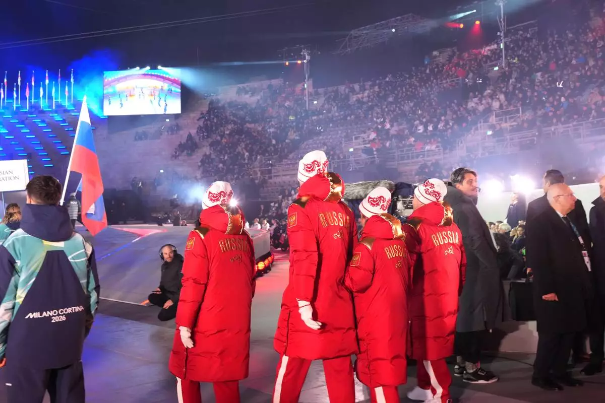 Athletes from Russia walk during the opening ceremony at the 2026 Winter Paralympics, in Verona, Italy, Friday, March 6, 2026. (AP Photo/Antonio Calanni)