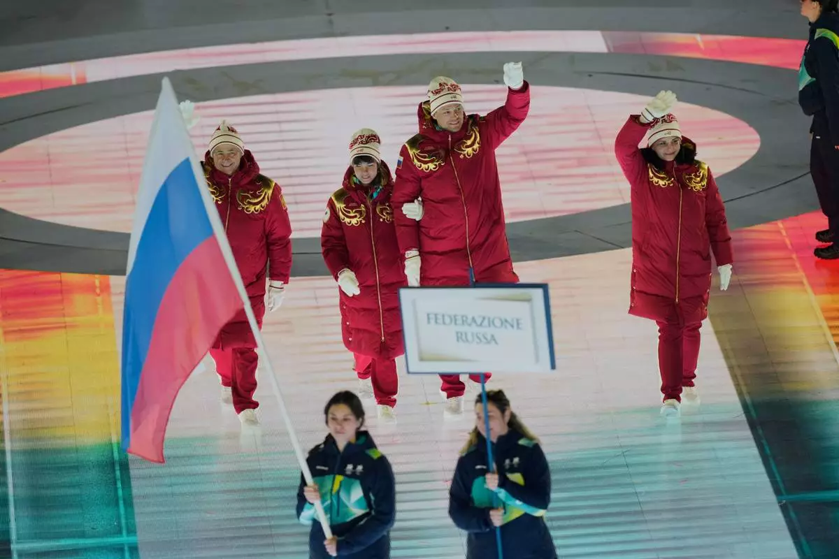 Athletes from Russia enter during the opening ceremony at the 2026 Winter Paralympics, in Verona, Italy, Friday, March 6, 2026. (AP Photo/Luca Bruno)