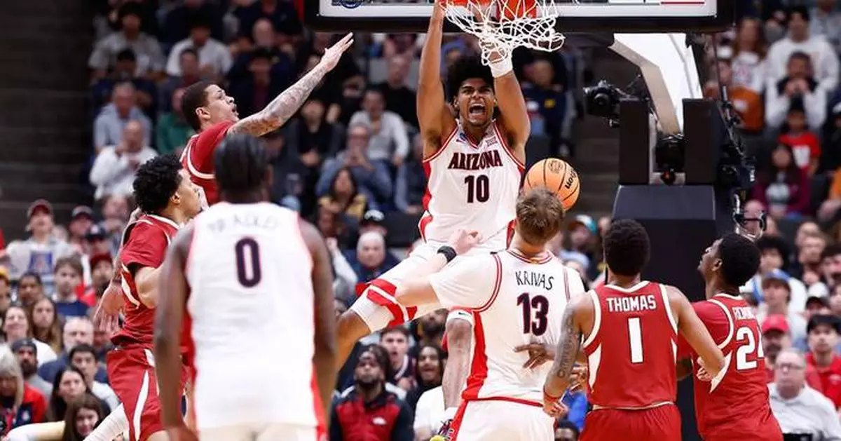 Top-seeded Arizona beats Arkansas 109-88 to reach the Elite Eight for the 1st time since 2015