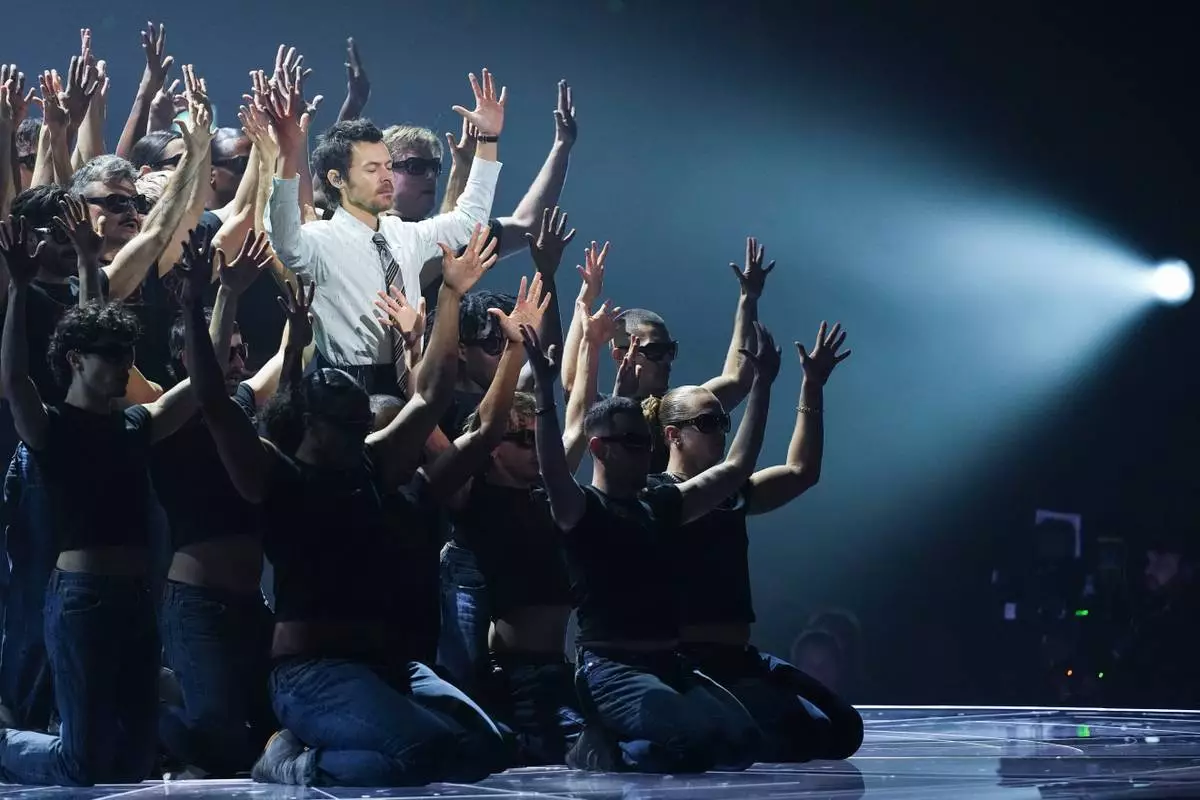 Harry Styles performs during the Brit Awards 2026 in Manchester, England, Saturday, Feb. 28, 2026. (Photo by Scott A Garfitt/Invision/AP)