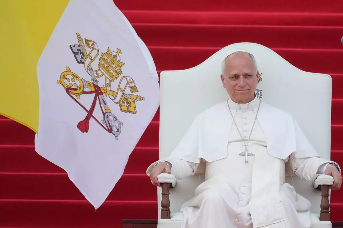 Pope Leo XIV meets with representatives of the world of culture at the Leon XIV Campus of the National University in Malabo, Equatorial Guinea, Tuesday, April 21, 2026, on the ninth day of his 11-day pastoral visit to Africa. (AP Photo/Andrew Medichini)