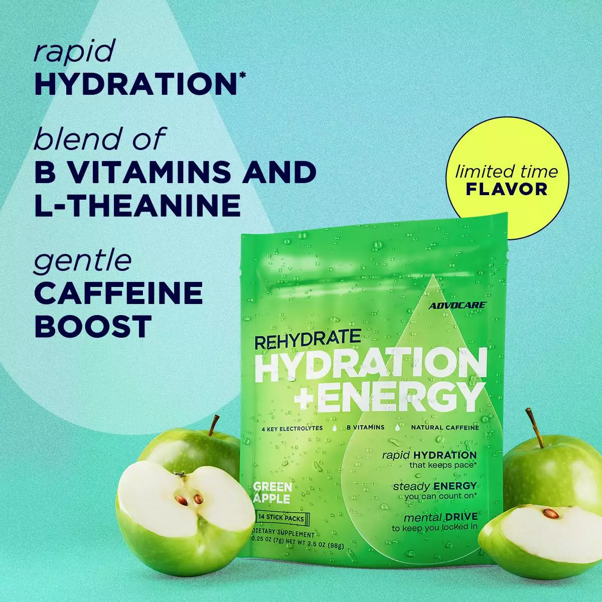 AdvoCare Rehydrate: Hydration + Energy combines four key electrolytes with 100mg of green tea–sourced caffeine to help your body keep pace with demanding workouts. L-theanine and B vitamins work together to keep you locked in and ready.