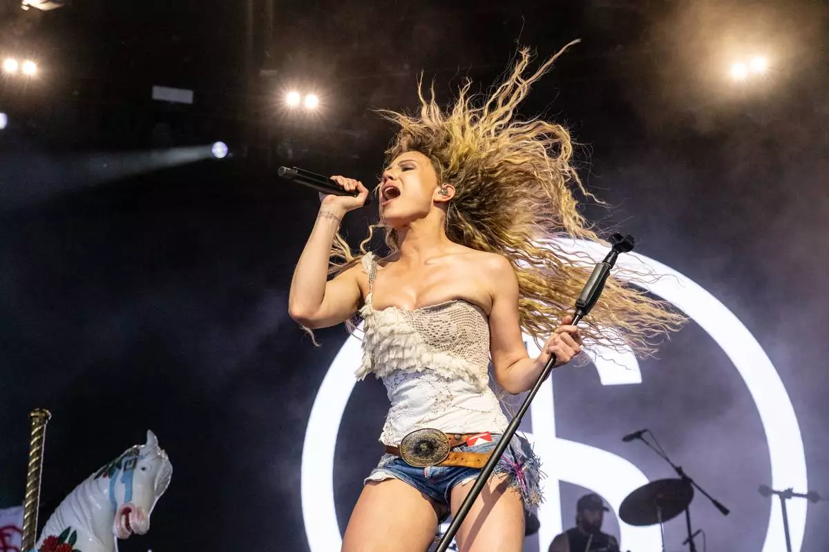 Slayyyter performs during the first weekend of Coachella Valley Music and Arts Festival on Friday, April 10, 2026, in Indio, Calif. (Photo by Amy Harris/Invision/AP)