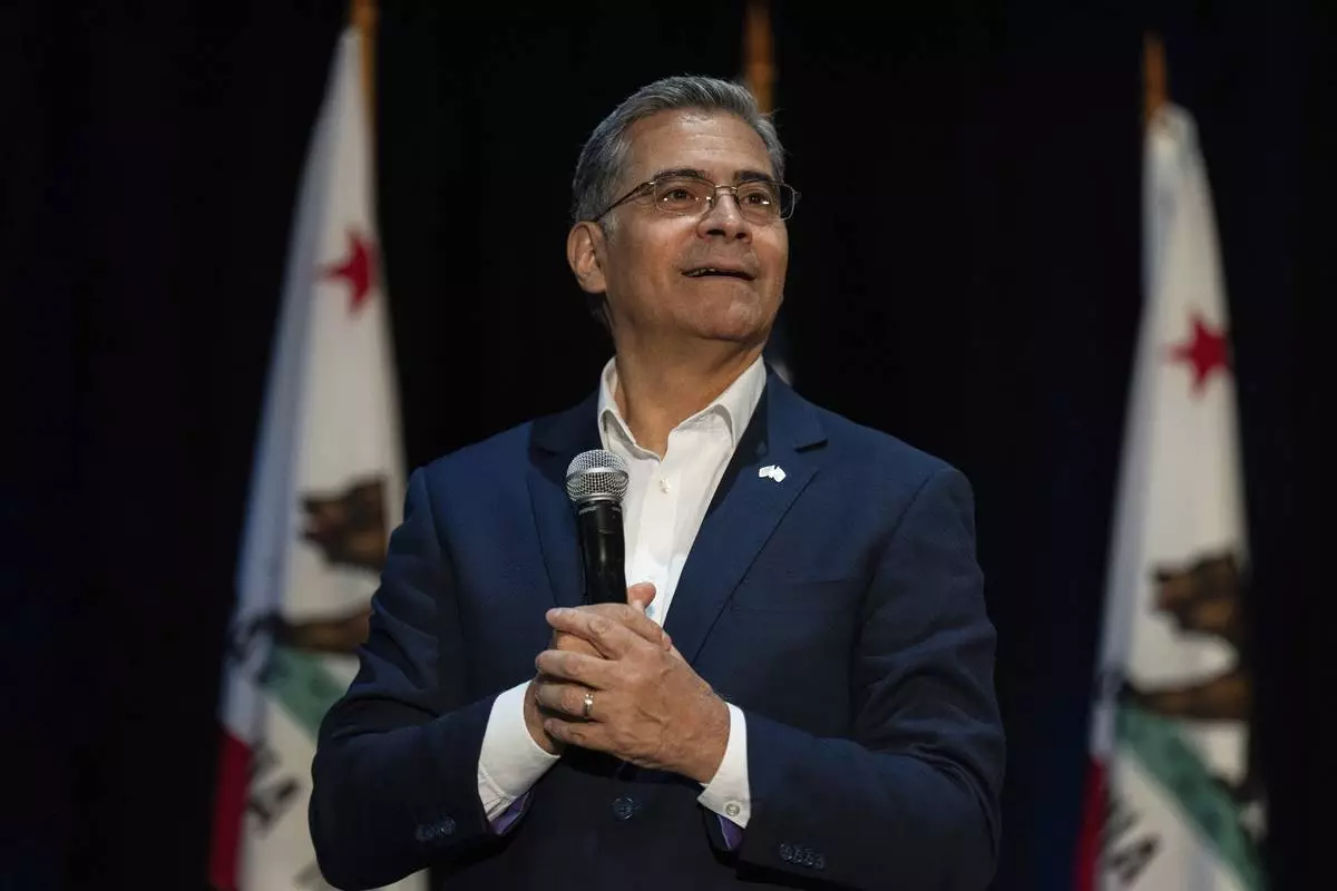 California gubernatorial candidate Xavier Becerra speaks during a campaign event in Los Angeles, Saturday, April 18, 2026. (AP Photo/Jae C. Hong)