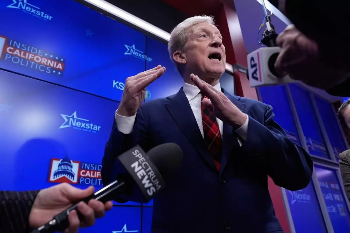 California's gubernatorial candidate Tom Steyer speaks after a debate, Wednesday, April 22, 2026, in San Francisco. (AP Photo/Godofredo A. Vásquez)
