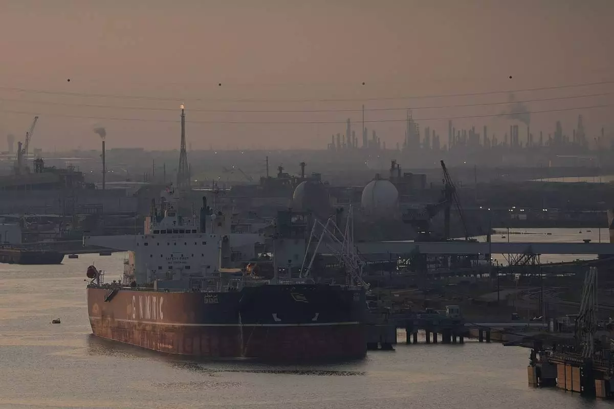 A ship is docked as the sun sets Thursday, Nov. 16, 2023, at the Port of Corpus Christi in Corpus Christi, Texas. (Jon Shapley/Houston Chronicle via AP)