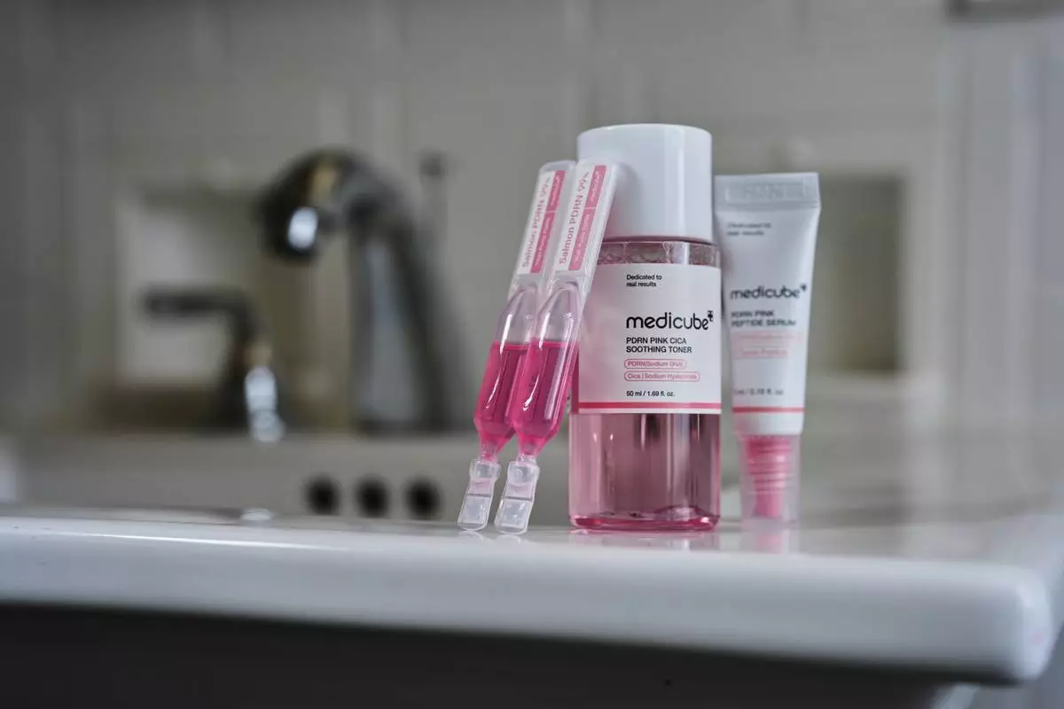 Skincare products made from salmon DNA are displayed Friday, March 6, 2026, in Cincinnati. (AP Photo/Joshua A. Bickel)