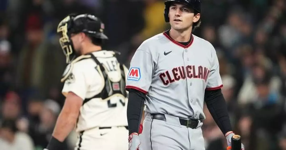 Guardians rookie Chase DeLauter hobbles off after fouling an Ohtani pitch off his foot
