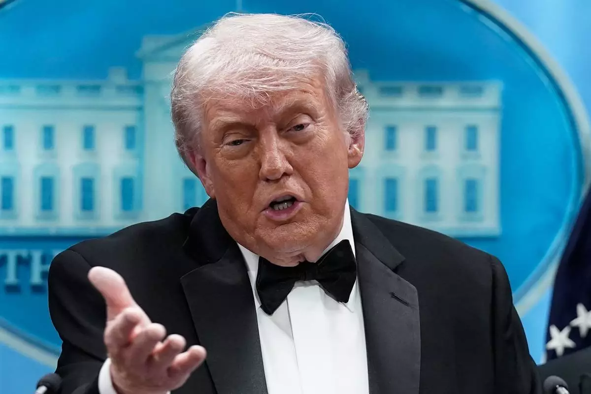 President Donald Trump speaks in the James Brady Press Briefing Room at the White House after an unspecified threat at the annual White House Correspondents' Association Dinner in Washington, Saturday, April 25, 2026. (AP Photo/Jose Luis Magana)