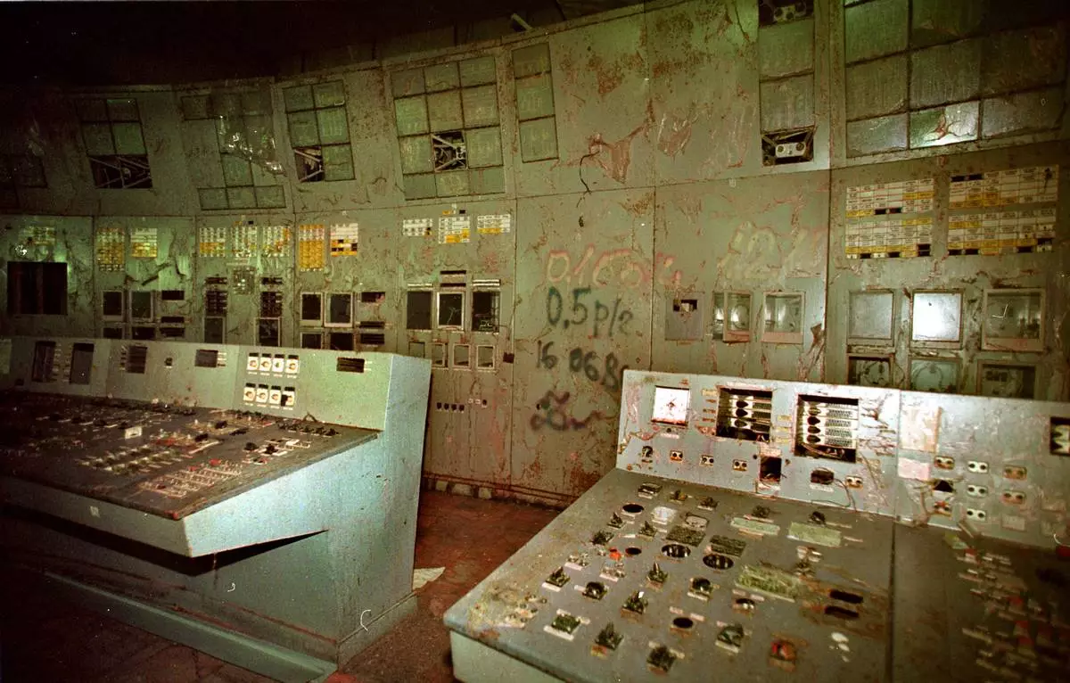 FILE - The highly contaminated control room for Reactor No. 4 is seen inside the Chernobyl nuclear power plant in Chernobyl, Ukraine, Nov. 10, 2000. Engineers threw a switch at 1:23 a.m. on April 26, 1986, that triggered two explosions and the world's worst nuclear disaster. (AP Photo/Efrem Lukatsky, File)