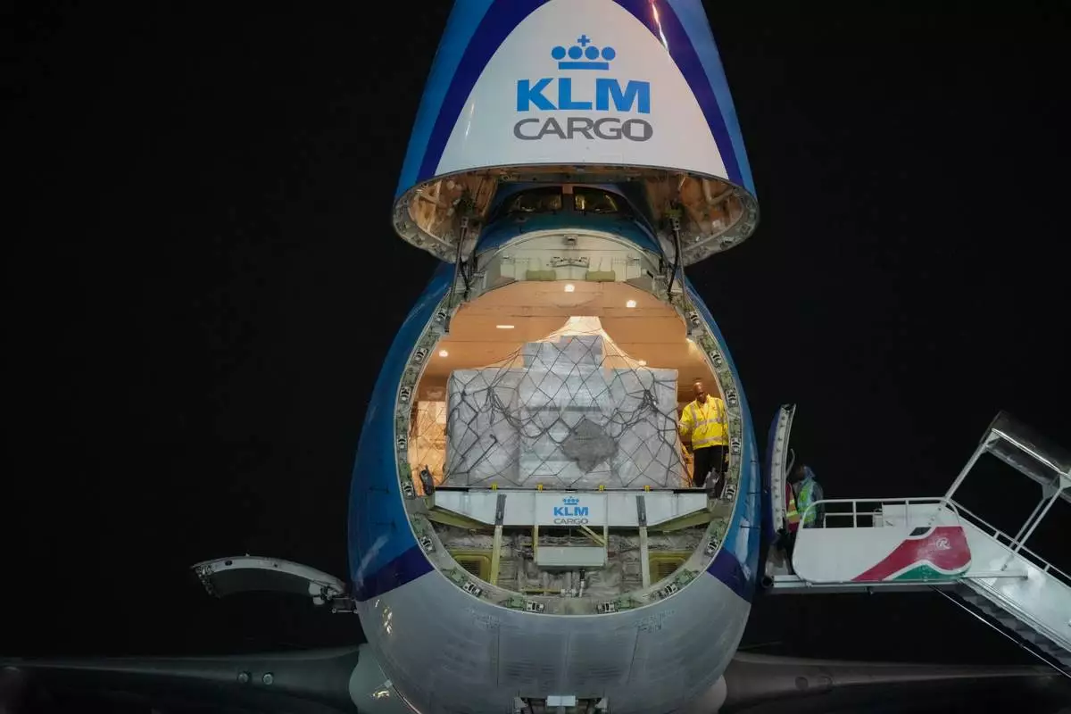 Four mountain bongos, a type of antelope, repatriated from the Czech Republic, are offloaded from a plane at Jomo Kenyatta International Airport in Nairobi, Kenya, Tuesday, April 28, 2026. (AP Photo/Brian Inganga) CORRECTION: Type corrected to antelope, instead of gazelle