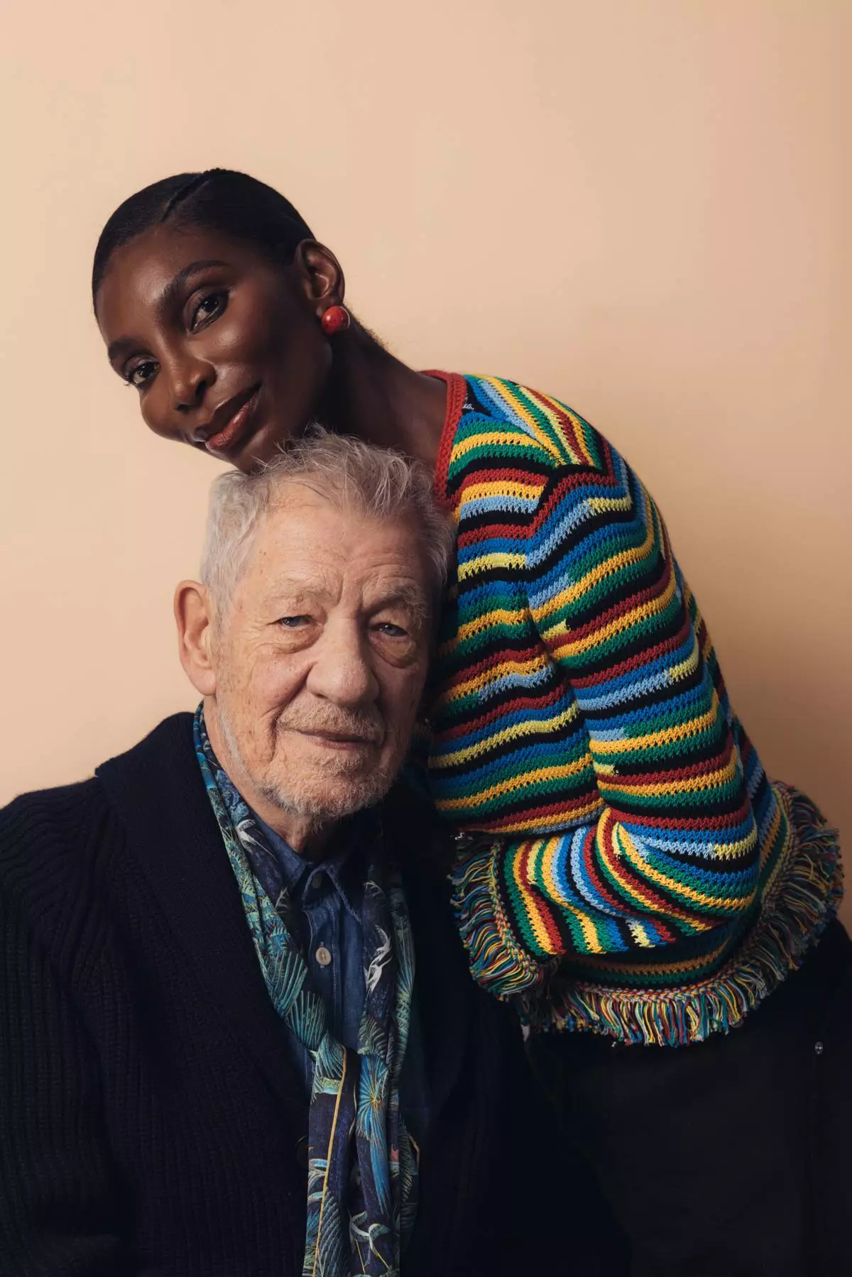 Actors Ian McKellen, left, and Michaela Coel poses for a portrait to promote "The Christophers" on Thursday, April 9, 2026, in New York. (Photo by Victoria Will/Invision/AP)
