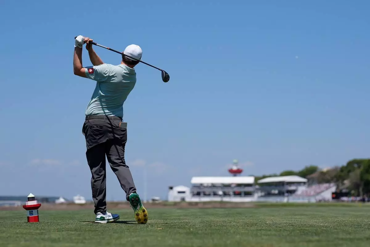 Matt Fitzpatrick, of England, hits from the 18th tee during the second round at the RBC Heritage golf tournament Friday, April 17, 2026, in Hilton Head, S.C. (AP Photo/Mike Stewart)