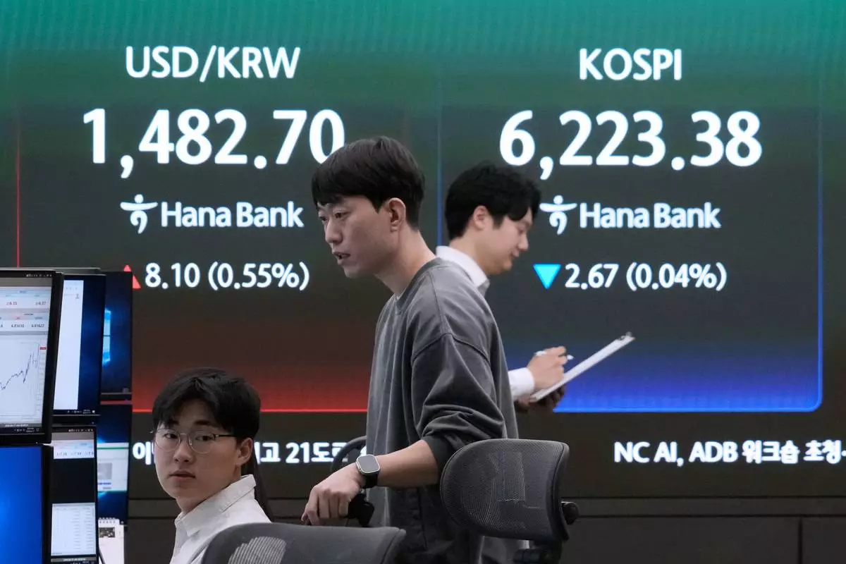 Currency traders work near a screen showing the Korea Composite Stock Price Index (KOSPI), right, and the foreign exchange rate between U.S. dollar and South Korean won at the foreign exchange dealing room of the Hana Bank headquarters, in Seoul, South Korea, Friday, April 17, 2026. (AP Photo/Ahn Young-joon)