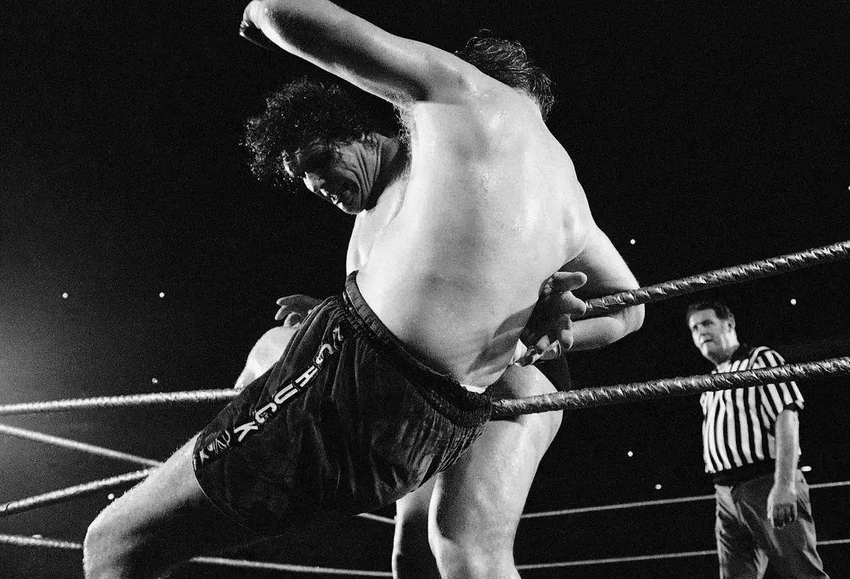 FILE - Chuck Wepner is tossed out of the Shea Stadium ring by Andre the Giant, June 25, 1976, in New York. (AP Photo/Ray Stubblebine, File)