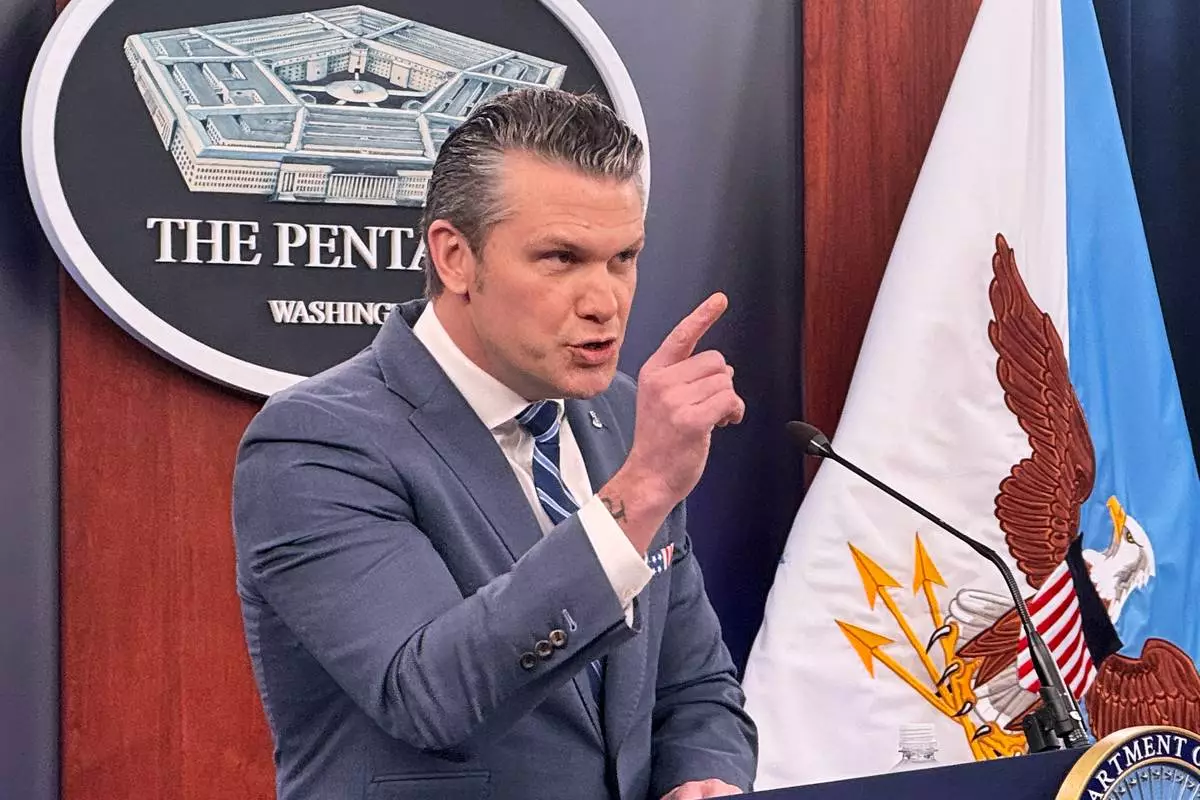 Defense Secretary Pete Hegseth speaks to members of the media during a press briefing at the Pentagon in Washington, Thursday, April 16, 2026. (AP Photo/Kevin Wolf)
