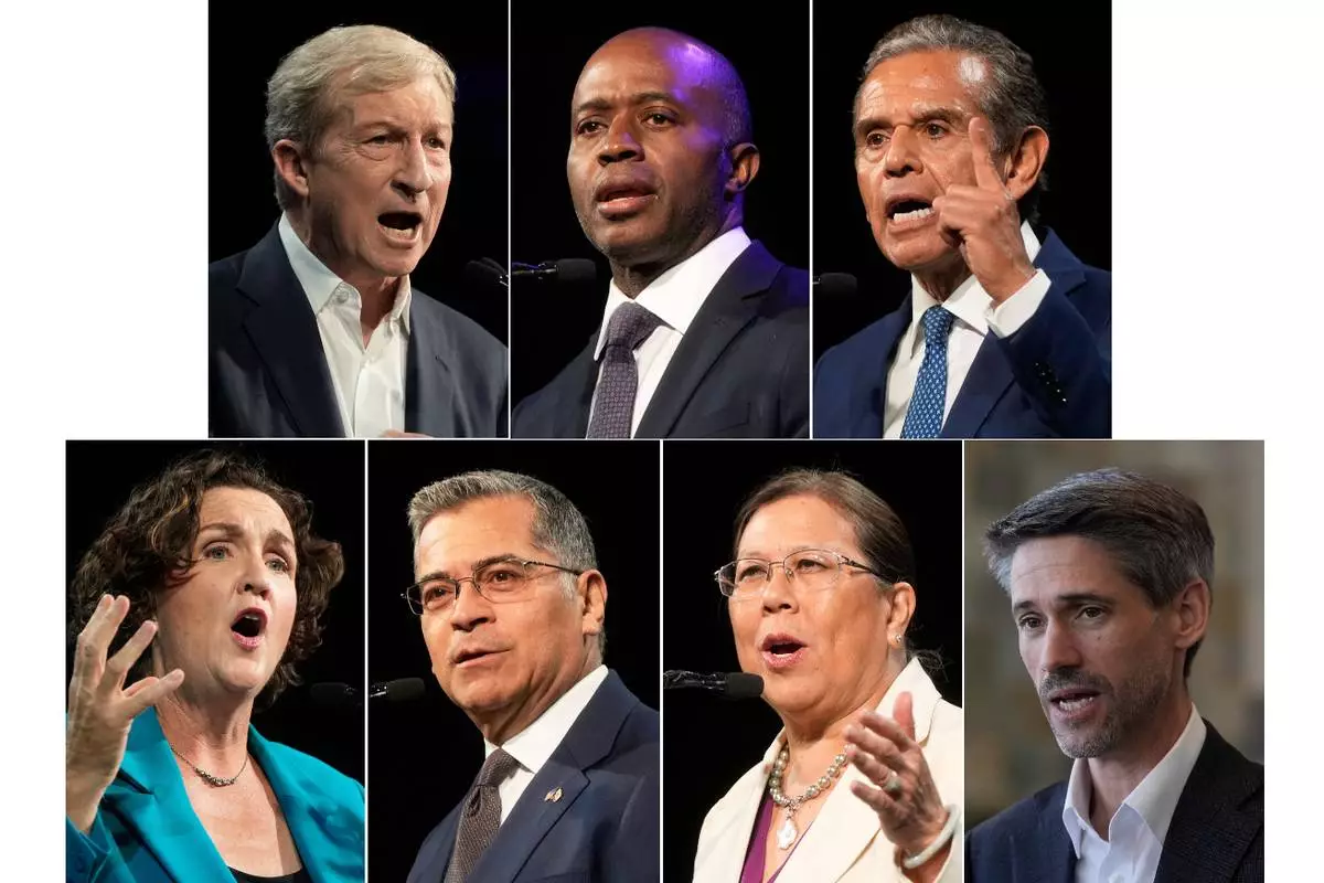 This combo image shows Democratic California gubernatorial candidates, from left, top row, Tom Steyer, Tony Thurmond, Antonio Villaraigosa, from left, bottom row, Katie Porter, Xavier Becerra, Betty Yee and Matt Mahan, all at the 2026 California Democratic Party State Convention in San Francisco, Saturday, Feb. 21, 2026. (AP Photo/Jeff Chiu)