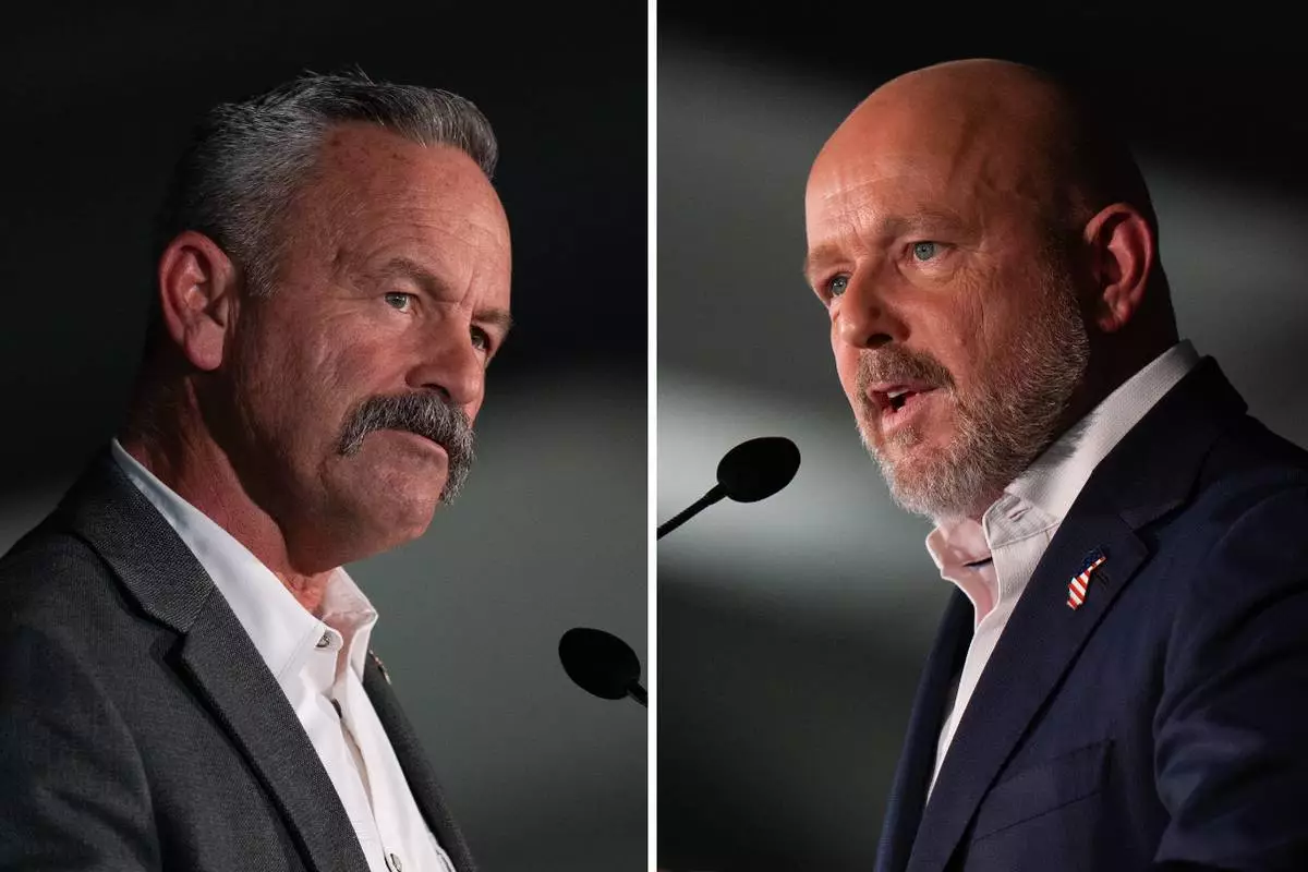 This combo image shows Republican California gubernatorial candidates Riverside County Sheriff Chad Bianco, left, and Steve Hilton, right, speaking during a forum at the California Republican Party Convention in San Diego, Saturday, April 11, 2026. (AP Photo/Jae C. Hong)