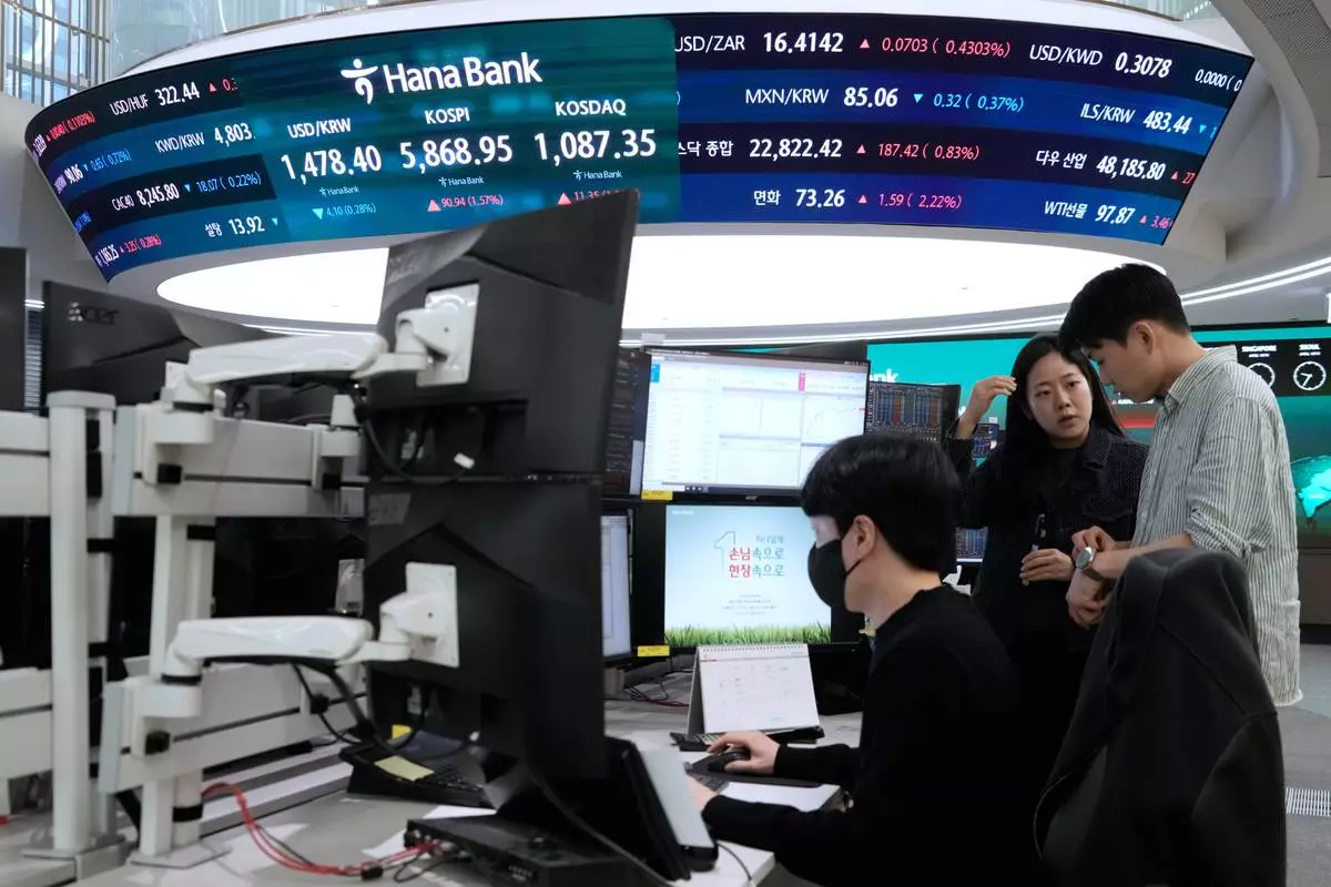 Currency traders work near a screen showing the Korea Composite Stock Price Index (KOSPI), top center, and the foreign exchange rate between U.S. dollar and South Korean won, top center left, at the foreign exchange dealing room of the Hana Bank headquarters, in Seoul, South Korea, Friday, April 10, 2026. (AP Photo/Ahn Young-joon)