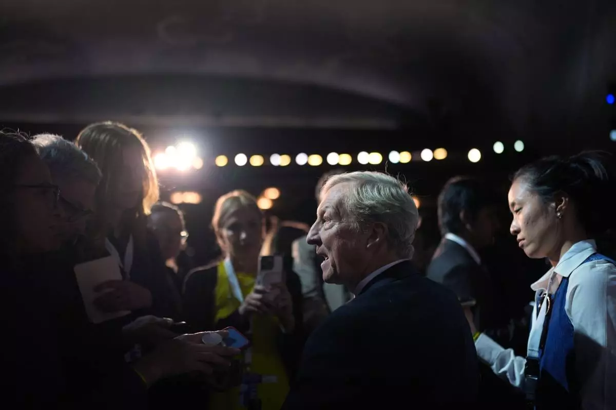 Tom Steyer speaks with members of the media following a California gubernatorial debate hosted by CBS LA at Pomona College in Claremont, Calif., Tuesday, April 28, 2026. (AP Photo/Jae C. Hong)
