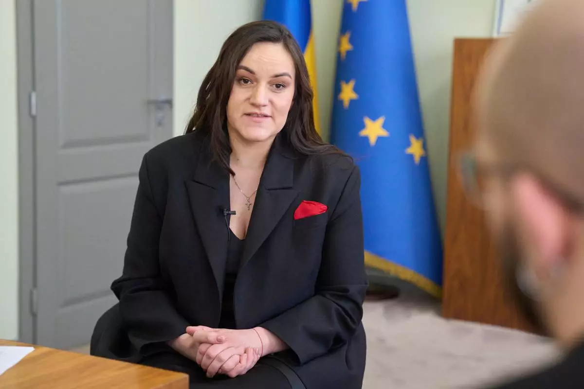 Ukraine's Culture Minister Tetiana Berezhna speaks during an interview with the Associated Press in Kyiv, Ukraine, on Feb. 20, 2026. (AP Photo/Efrem Lukatsky)