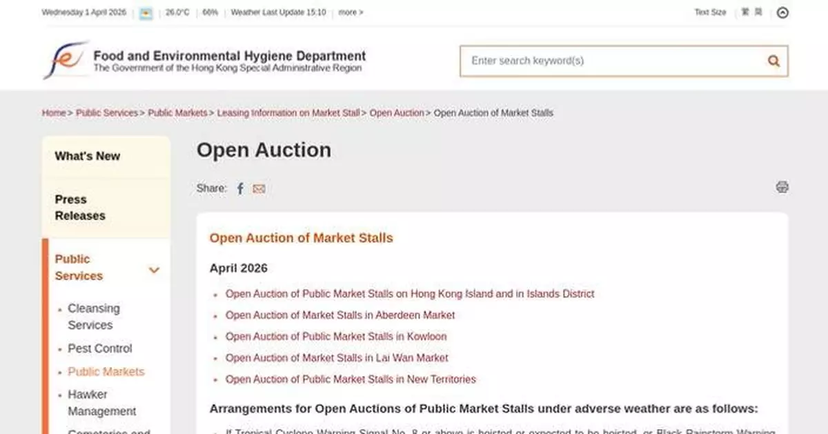 Open Auctions for 501 Market Stalls in Hong Kong Set for April, First-Come Rentals Available Later
