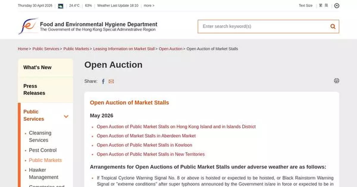 FEHD Announces Open Auctions for 579 Public Market Stalls in May 2026