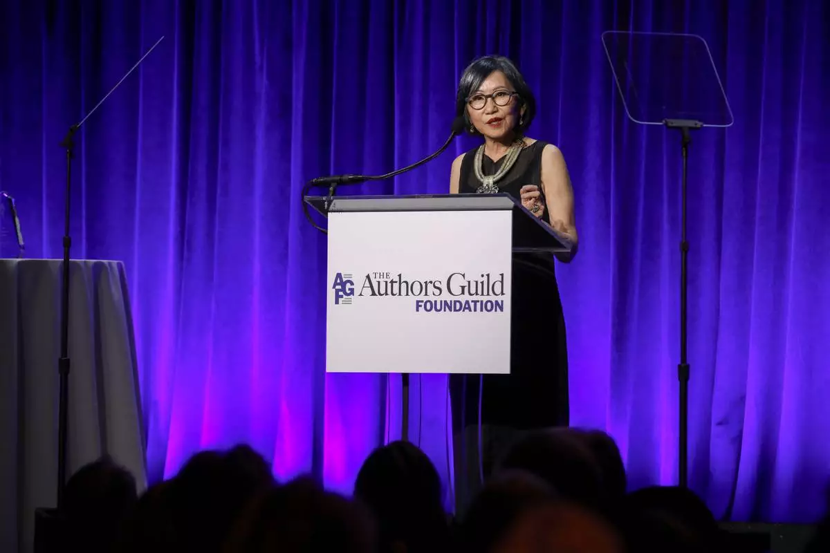 Amy Tan speaks at the Authors Guild Foundation Gala at Cipriani Wall Street on Monday, April 20, 2026, in New York. (Photo by Andy Kropa/Invision/AP)