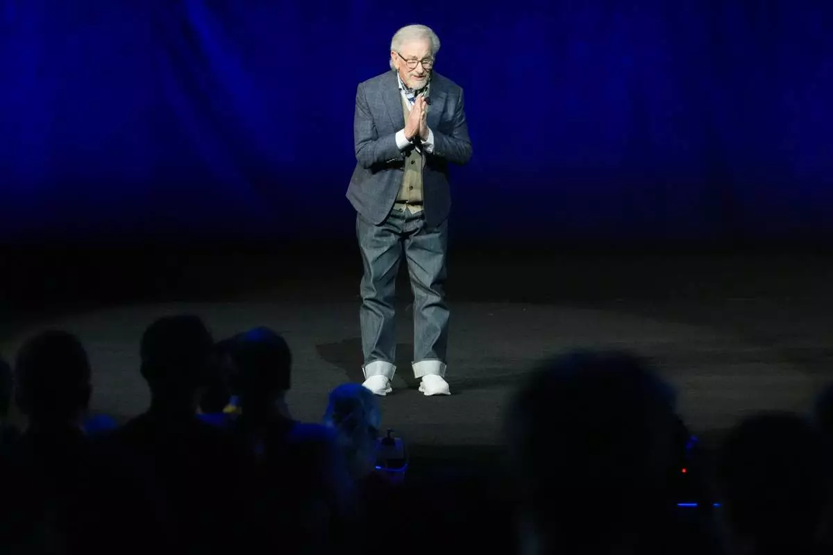 Steven Spielberg, director of the upcoming film "Disclosure Day," speaks during the Universal Pictures and Focus Features presentation at CinemaCon on Wednesday, April 15, 2026, at Caesars Palace in Las Vegas. (AP Photo/Chris Pizzello)