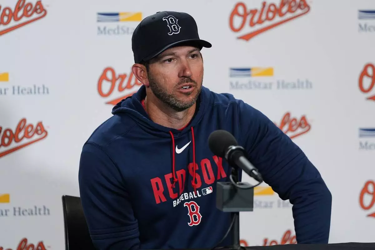 Boston Red Sox interim manager Chad Tracy speaks during a press conference, Sunday, April 26, 2026, in Baltimore. (AP Photo/Stephanie Scarbrough)