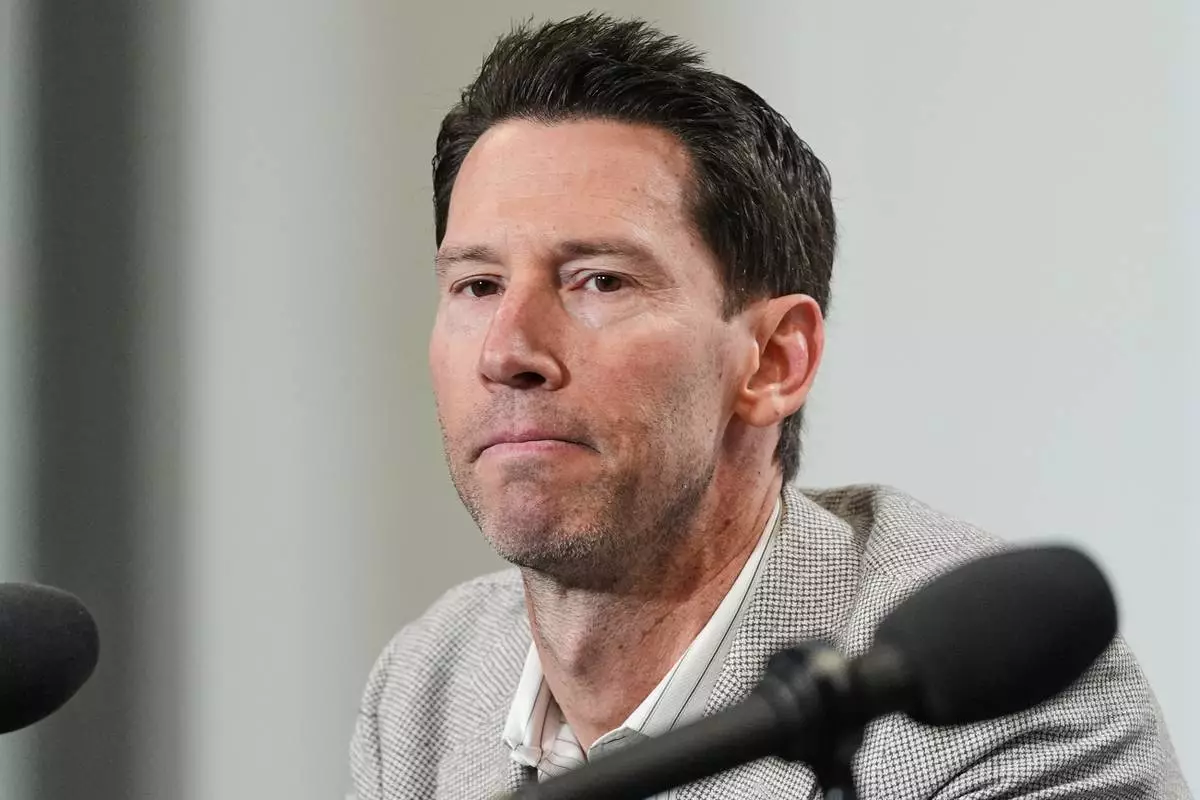 Boston Red Sox Chief Baseball Officer Craig Breslow speaks during a press conference with President &amp; CEO Sam Kennedy, Sunday, April 26, 2026, in Baltimore. (AP Photo/Stephanie Scarbrough)