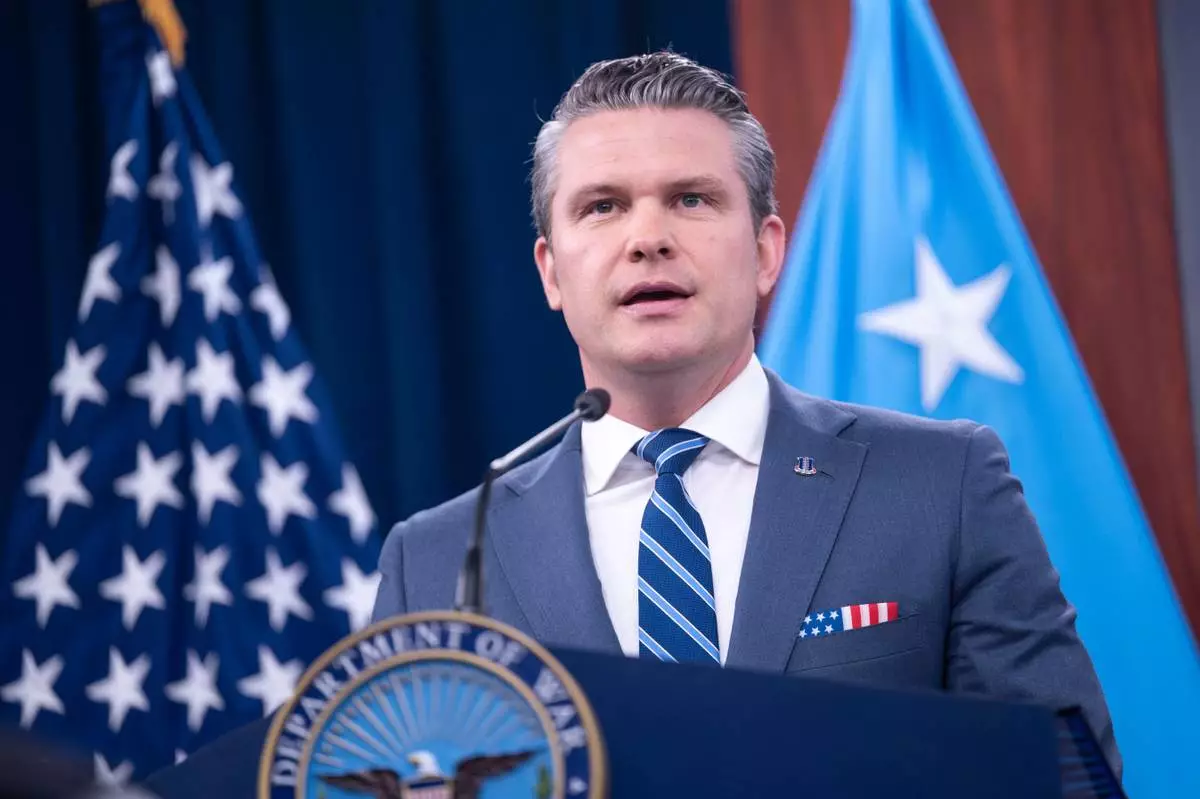 Defense Secretary Pete Hegseth speaks to members of the media during a press briefing at the Pentagon, Thursday, April 16, 2026 in Washington. (AP Photo/Kevin Wolf)