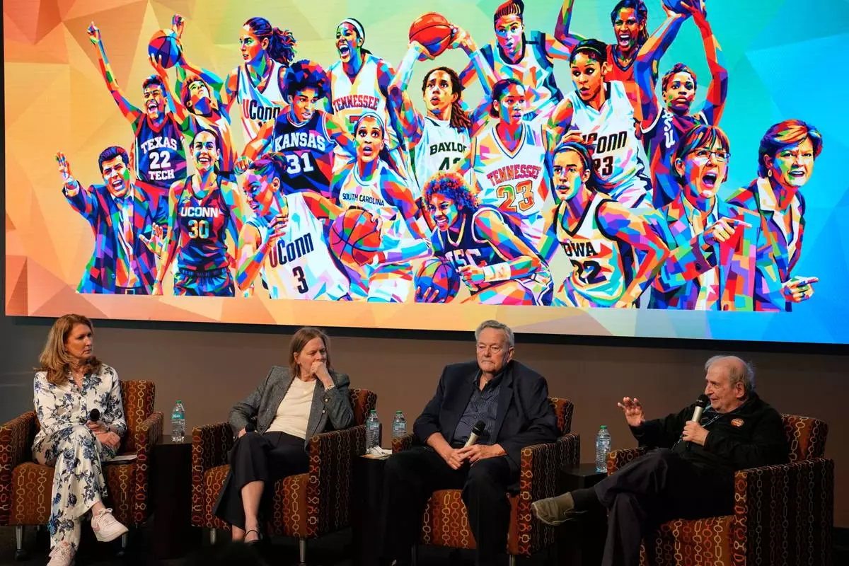 From left, Debbie Antonelli, Val Ackerman, Rich Ensor and Mel Greenberg sit on a panel during an event Friday, April 3, 2026, in Phoenix. (AP Photo/John Locher)