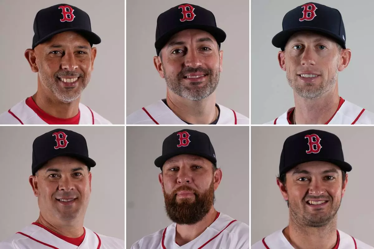 FILE - This combo of 2026 file photos shows, from top row left, Boston Red Sox manager Alex Cora, hitting coach Peter Fatse, third-base coach Kyle Hudson, bottom row from left, bench coach Rámon Vázquez, assistant hitting coach Dillon Lawson, and hitting strategy coach Joe Cronin. (AP Photo/Gerald Herbert, File)
