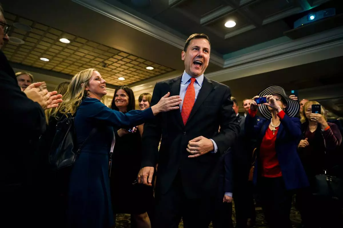 FILE - Tom Kean Jr., GOP candidate for New Jersey's 7th Congressional District, arrives at his election night party in Basking Ridge N.J., Nov. 8, 2022. (AP Photo/Stefan Jeremiah, File)