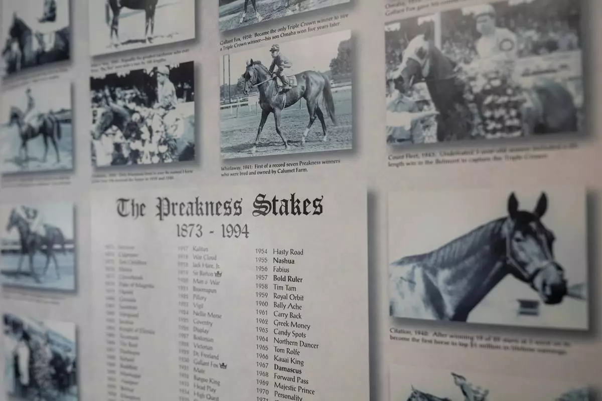 The winners of the first 121 Preakness Stakes are listed on a poster hanging in the Laurel Park press box, Friday, May 8, 2026, in Laurel, Md. (AP Photo/Julia Demaree Nikhinson)