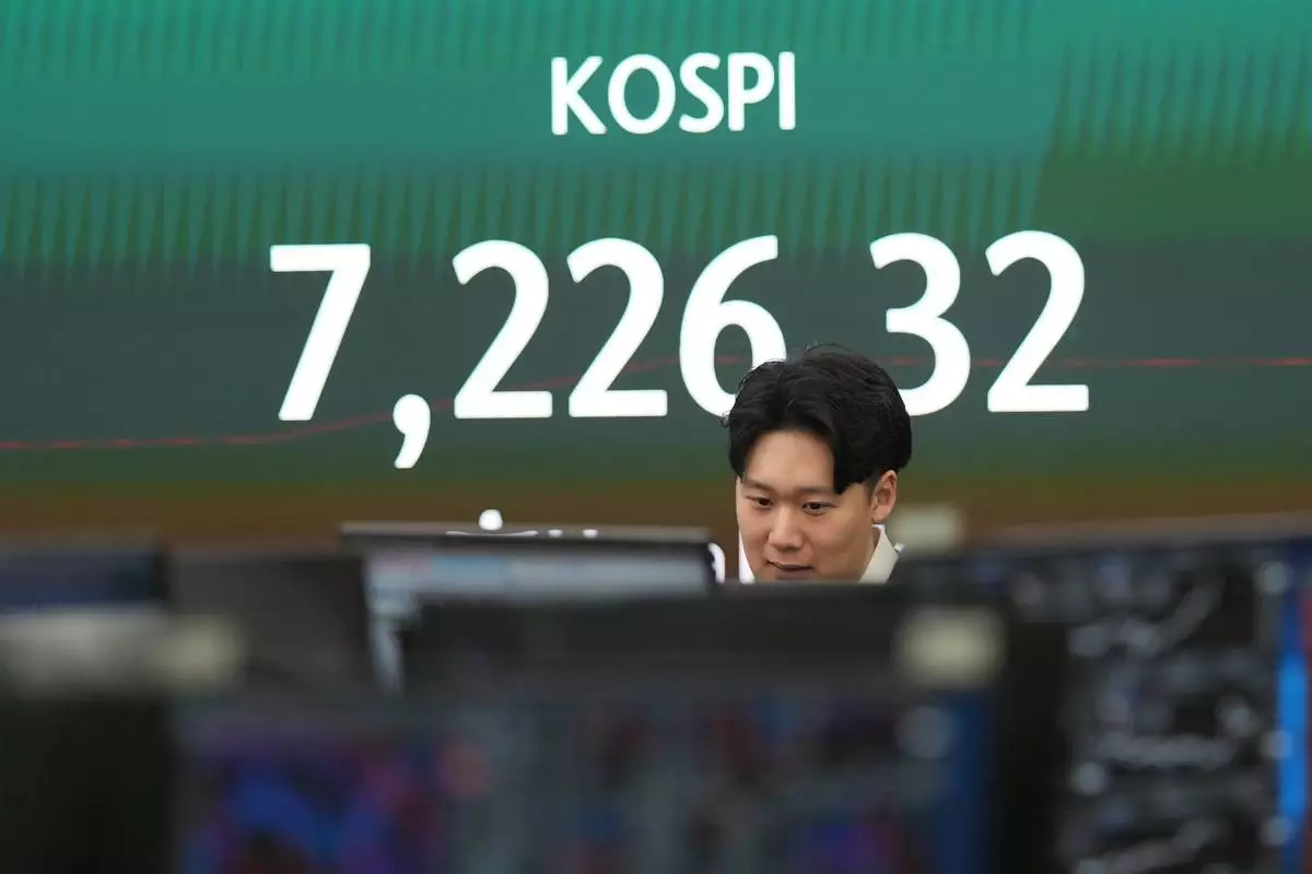 A dealer walks past near the screen showing the Korea Composite Stock Price Index (KOSPI) at a dealing room of Hana Bank in Seoul, South Korea, Wednesday, May 6, 2026. (AP Photo/Lee Jin-man)
