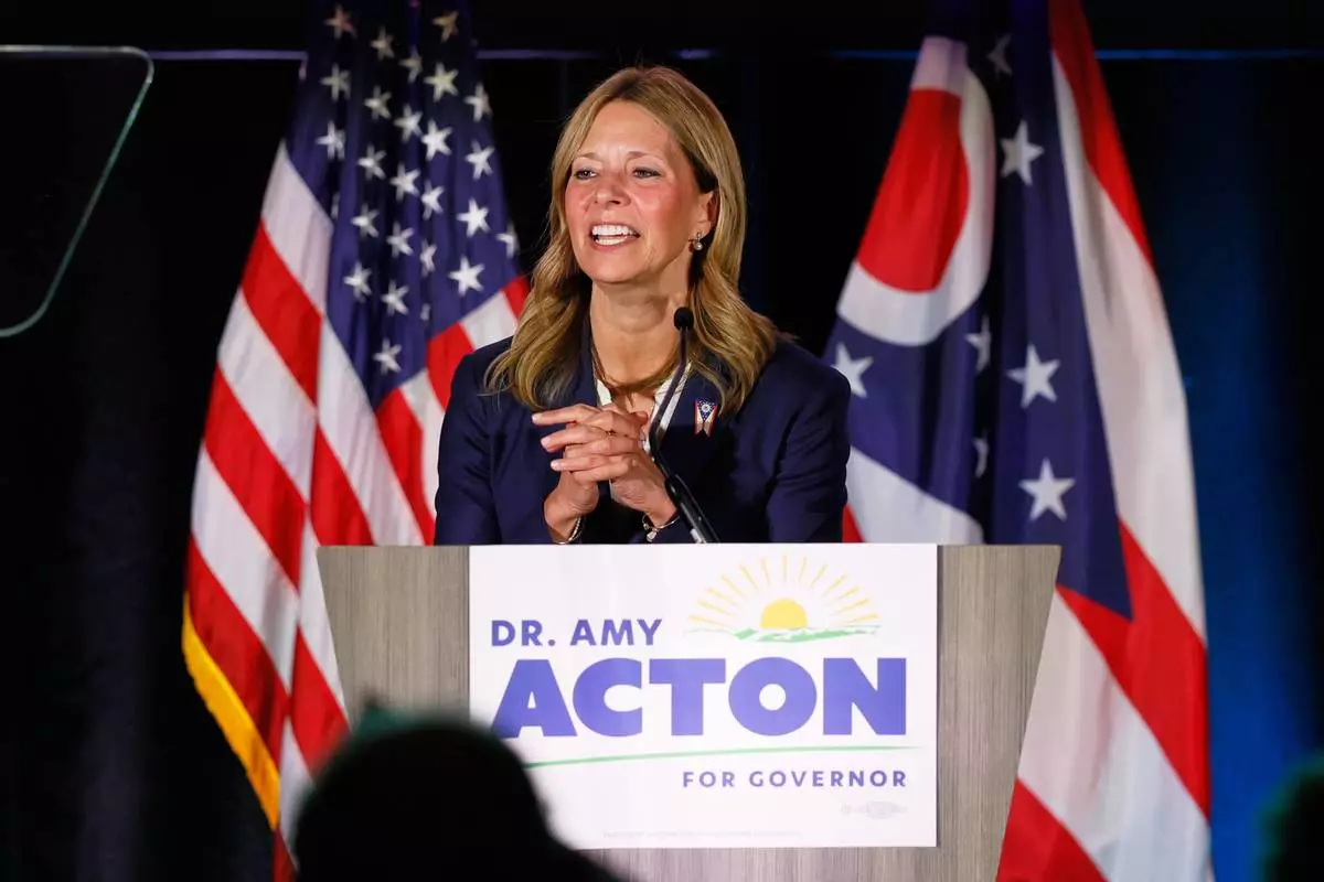 Democratic gubernatorial candidate Dr. Amy Acton speaks at a primary election night campaign event after winning the party's nomination for governor in Columbus, Ohio, Tuesday, May 5, 2026. (AP Photo/Jay LaPrete)
