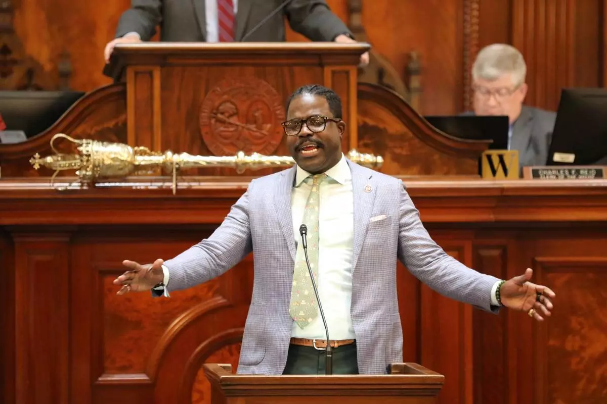 Democratic South Carolina Rep. JA Moore speaks during the redistricting debate on Tuesday. May 19, 2026, in Columbia, S.C. (AP Photo/Jeffrey Collins)
