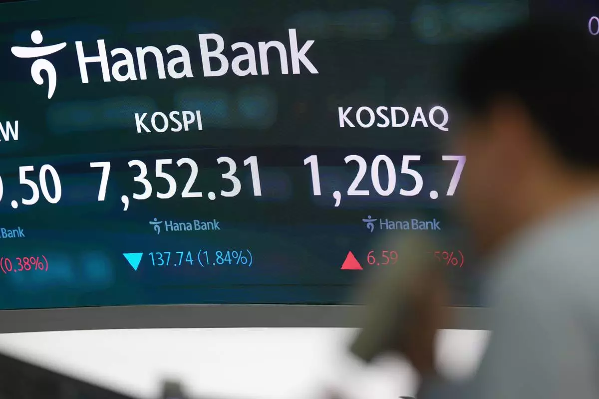 A dealer walks past near the screen showing the Korea Composite Stock Price Index (KOSPI) and the Korean Securities Dealers Automated Quotations (KOSDAQ) at a dealing room of Hana Bank in Seoul, South Korea, Friday, May 8, 2026. (AP Photo/Lee Jin-man)