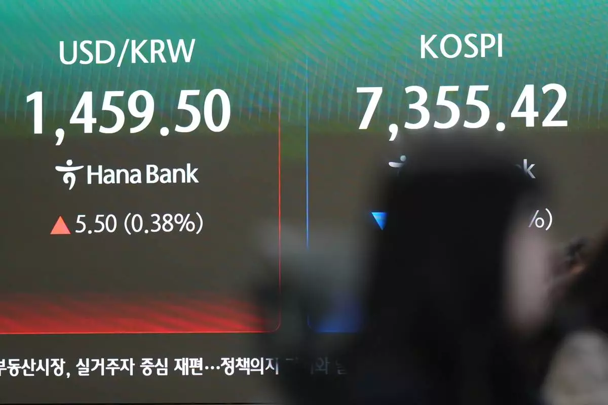 The screens showing the Korea Composite Stock Price Index (KOSPI) and the foreign exchange rate between U.S. dollar and South Korean won are displayed at a dealing room of Hana Bank in Seoul, South Korea, Friday, May 8, 2026. (AP Photo/Lee Jin-man)