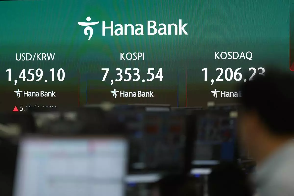A dealer walks past near the screens showing the Korea Composite Stock Price Index (KOSPI), the foreign exchange rate between U.S. dollar and South Korean won and the Korean Securities Dealers Automated Quotations (KOSDAQ) at a dealing room of Hana Bank in Seoul, South Korea, Friday, May 8, 2026. (AP Photo/Lee Jin-man)