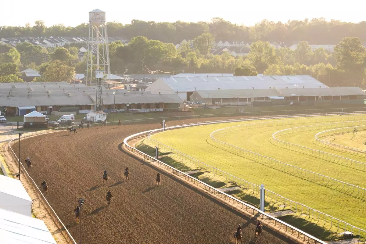 Horses work out at Laurel Park during sunrise, Friday, May 8, 2026, in Laurel, Md. (AP Photo/Julia Demaree Nikhinson)