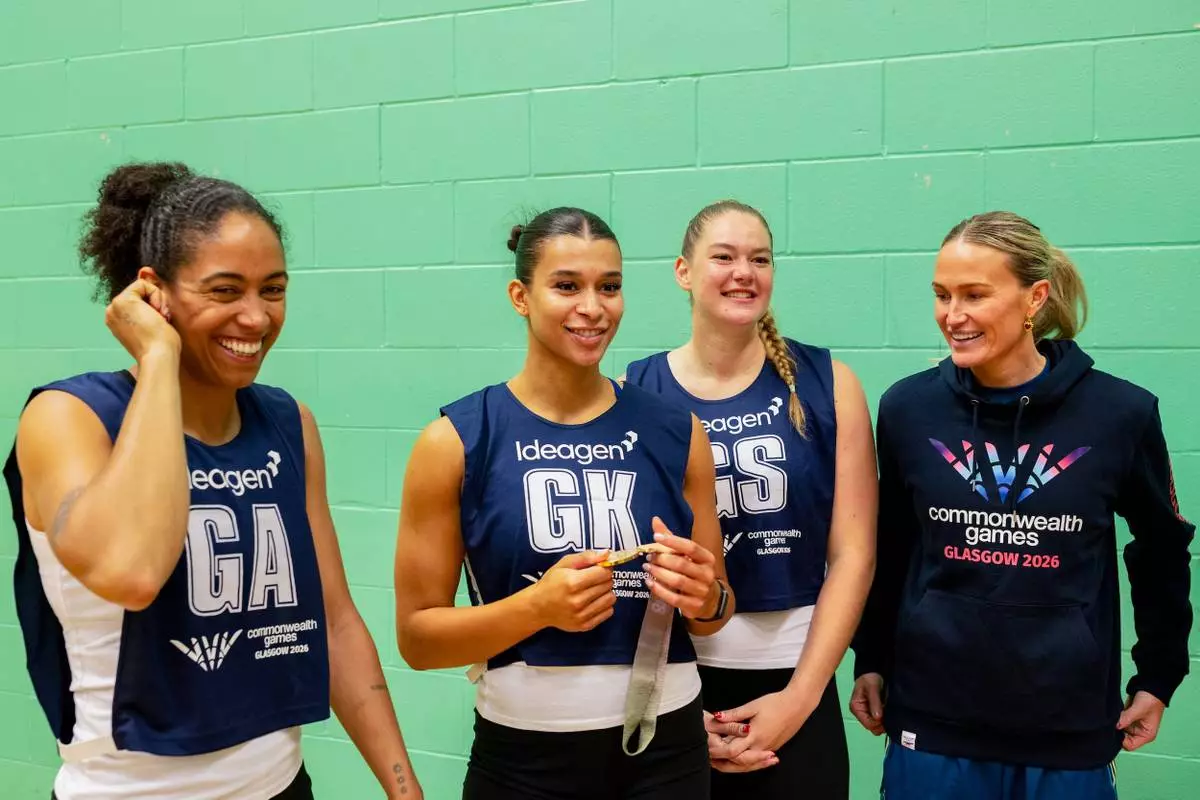 Rhea Dixon (Team Jamaica), Jayda Pechova (Team England) and Rohlene Streutker (Team South Africa) with Commonwealth Netball Champion Chelsea Pitman