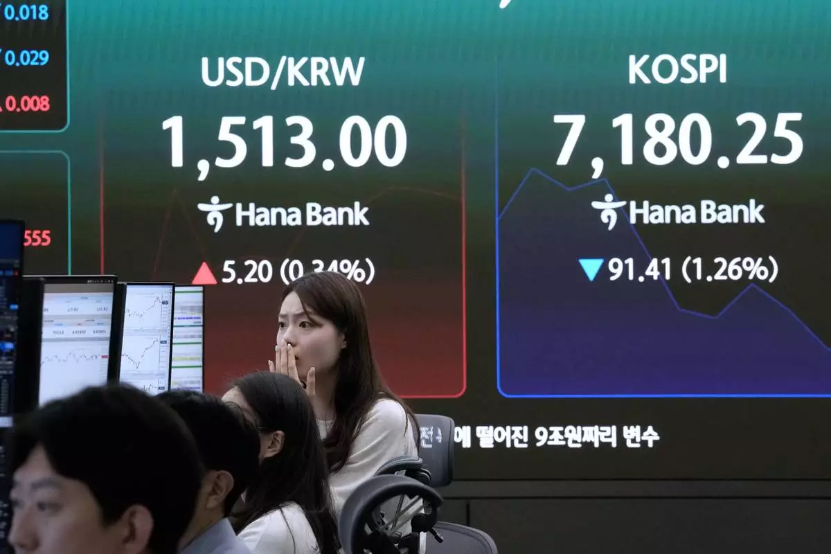 Currency traders watch monitors near a screen showing the Korea Composite Stock Price Index (KOSPI), right, and the foreign exchange rate between U.S. dollar and South Korean won at the foreign exchange dealing room of the Hana Bank headquarters in Seoul, South Korea, Wednesday, May 20, 2026. (AP Photo/Ahn Young-joon)