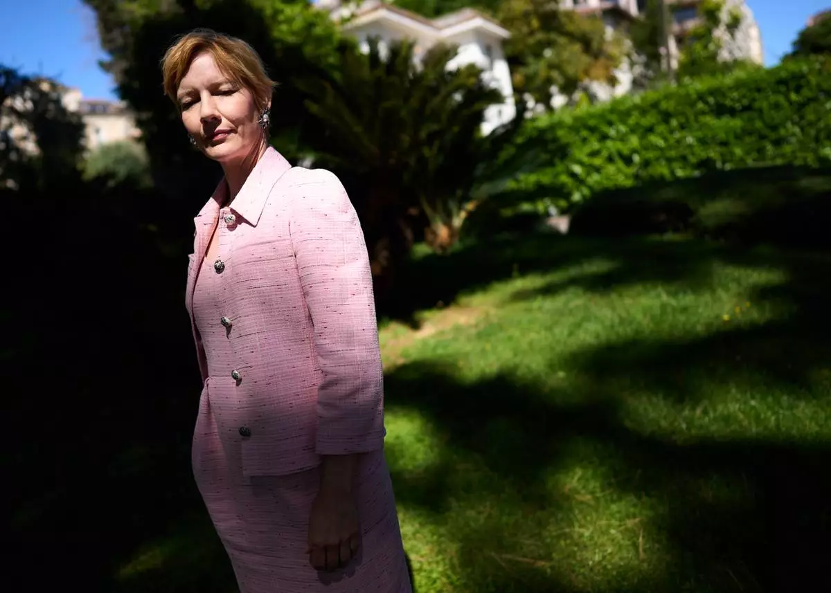 Sandra Hüller poses for portrait photographs for the film 'Fatherland' during the 79th international film festival, Cannes, southern France, Saturday, May 16, 2026. (Photo by Scott A Garfitt/Invision/AP)